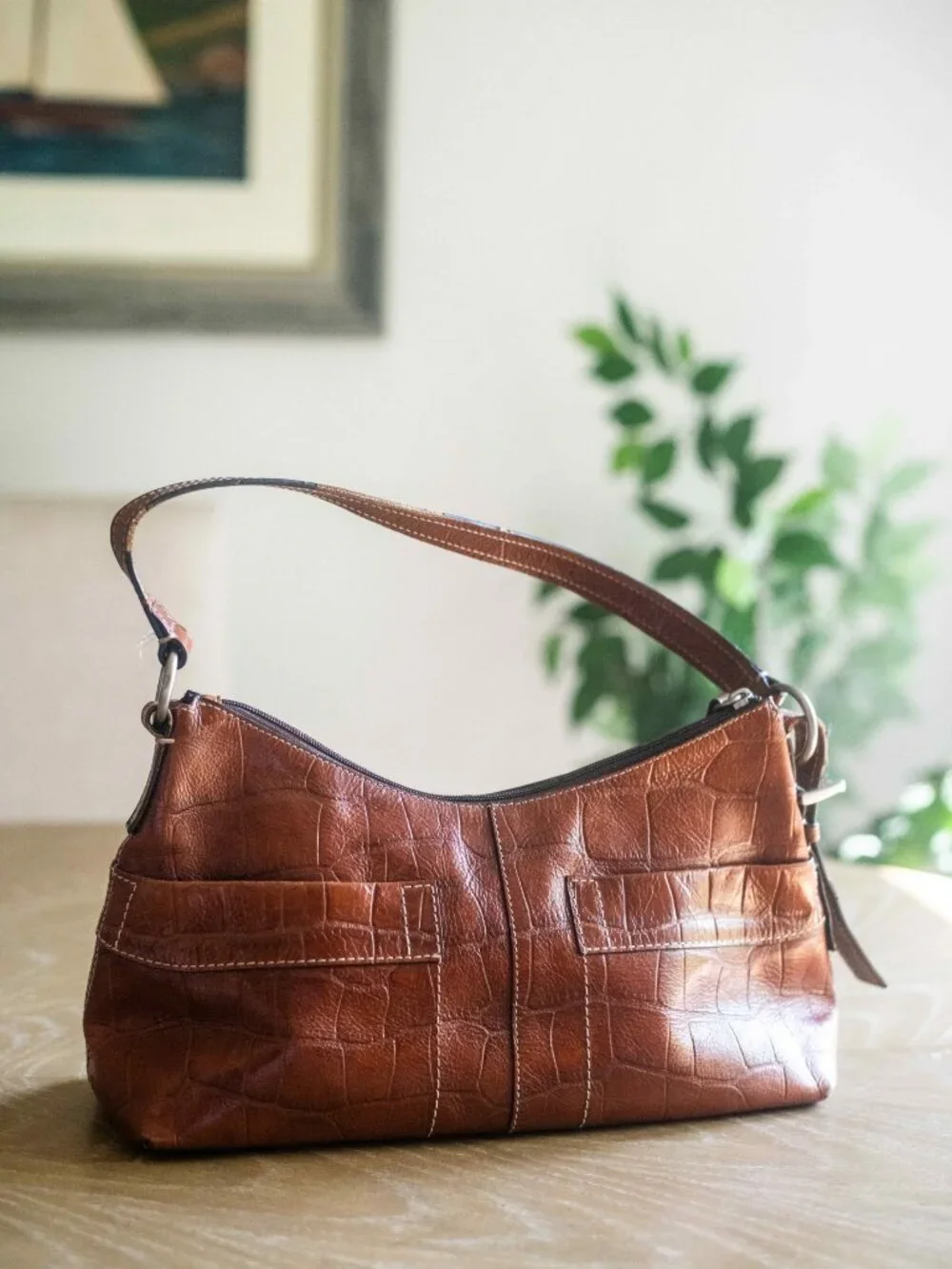 Vintage Y2K Fossil 75082 Large Brown Leather Purse Shoulder Handbag